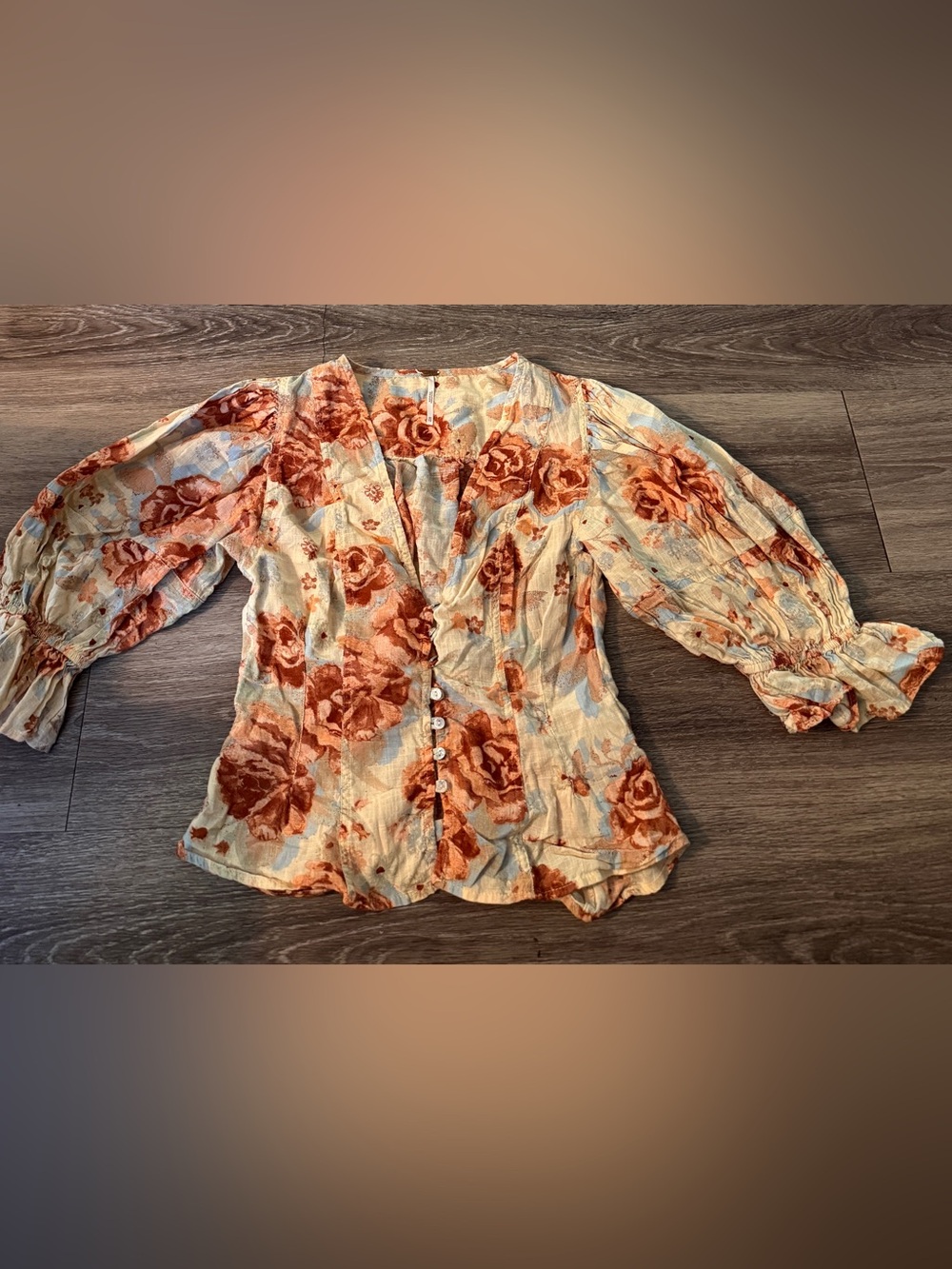 Free People I Found You Printed Floral Blouse Ivory Rust V-Neck Puff Sleeve XS
